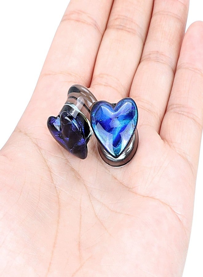 Qmcandy 2pcs Glass Heart Shaped Ear Tunnels Ear Stretcher Expander Piercing Gauges 12mm, blue - Image 2